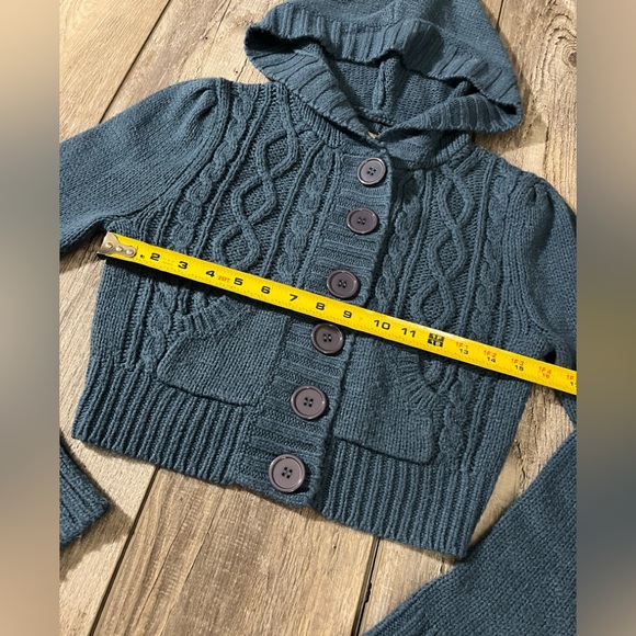 Love Rocks Midnight Blue Hooded Button Down Cableknit Cropped Sweater - M - Picture 9 of 11